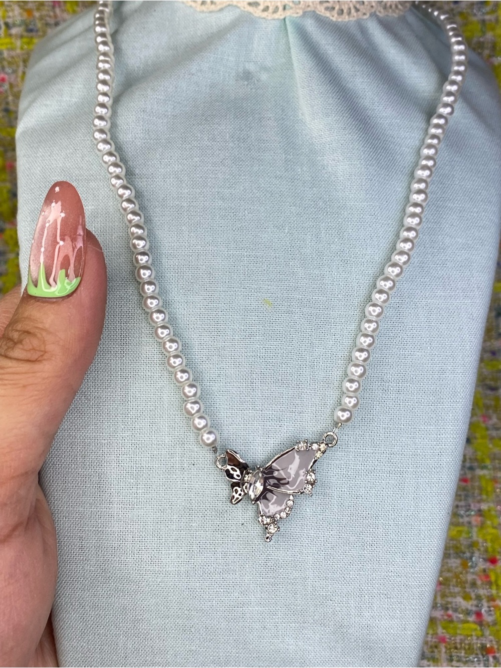 Pearl Butterfly Pendant Necklace - White Pearls